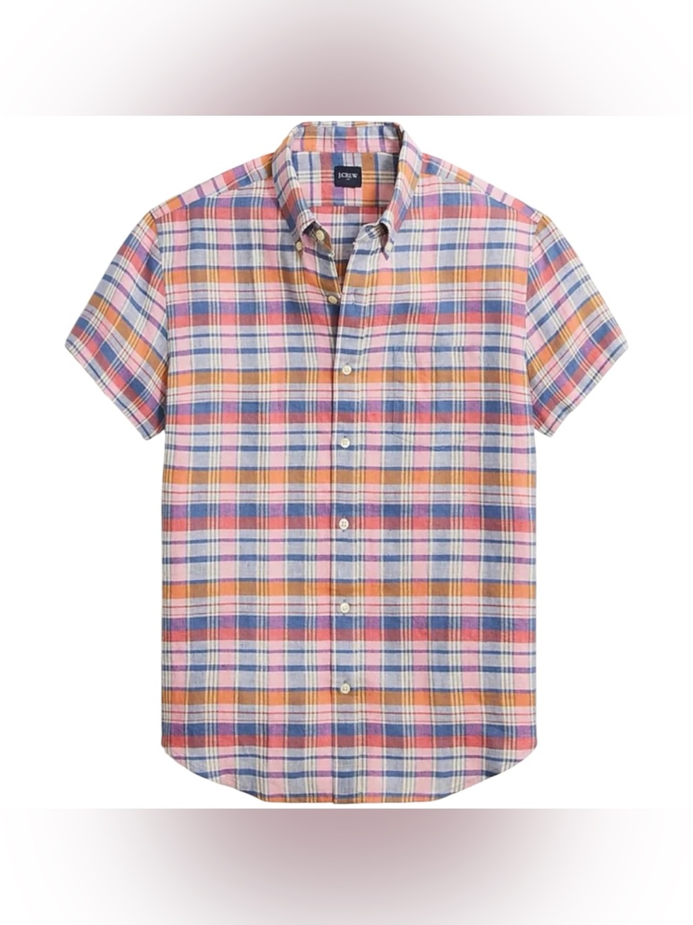 J. Crew Men’s Large Linen Blend Short Sleeve Button Down Pink/Blue Plaid Shirt